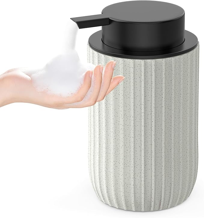 POSOSTO Ceramic Foaming Hand Soap Dispenser，12 oz Bathroom Soap Dispensers， Lotion Dispenser for Kitchen, Refillable Matte Streaks Soap Dispenser with Large Pump(Beige)