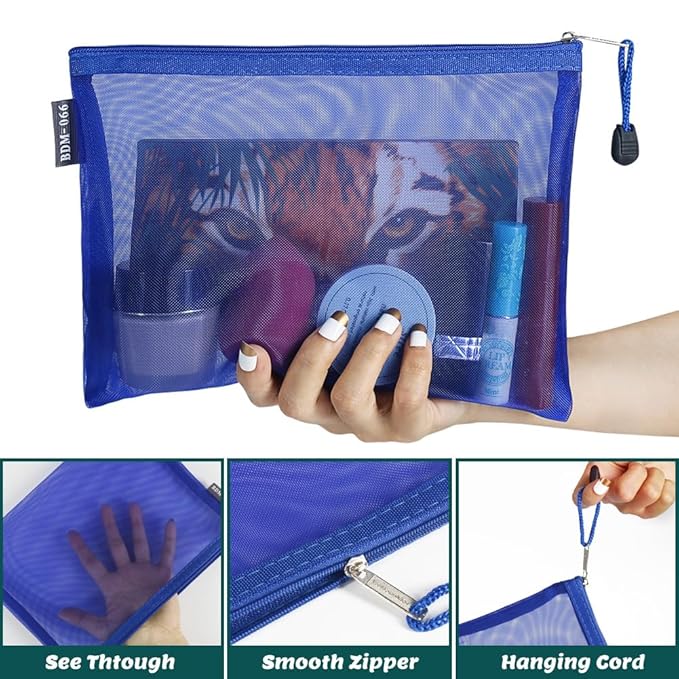besharppin 6 Pack Mesh Cosmetic Bags, Nylon Makeup Pouches with Zipper for Home Office Purse Diaper Bag (Blue)