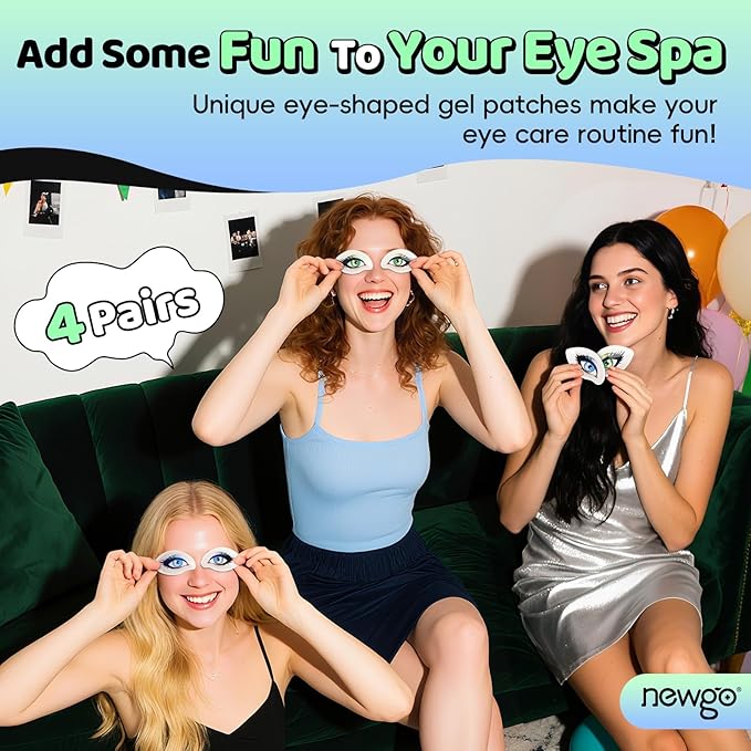 NEWGO Gel Ice Pack for Eyes, Reusable Cooling Eyes Patches with Funny Design, 4 Pairs Soft Cold Compress Therapy Eye Pads for Puffiness, Dark Circles, Migraines, Allergies, Fits All Eye Shapes
