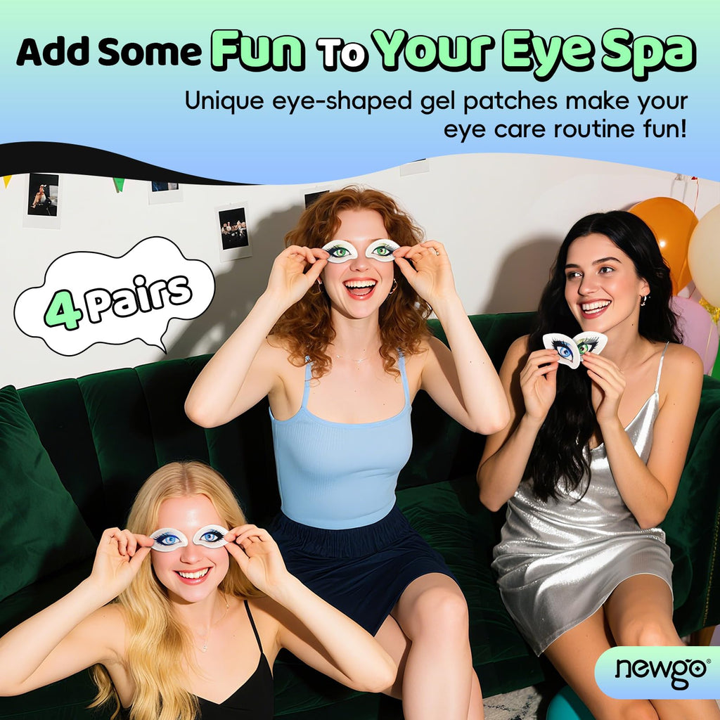 NEWGO Gel Ice Pack for Eyes, Reusable Cooling Eyes Patches with Funny Design, 4 Pairs Soft Cold Compress Therapy Eye Pads for Puffiness, Dark Circles, Migraines, Allergies, Fits All Eye Shapes