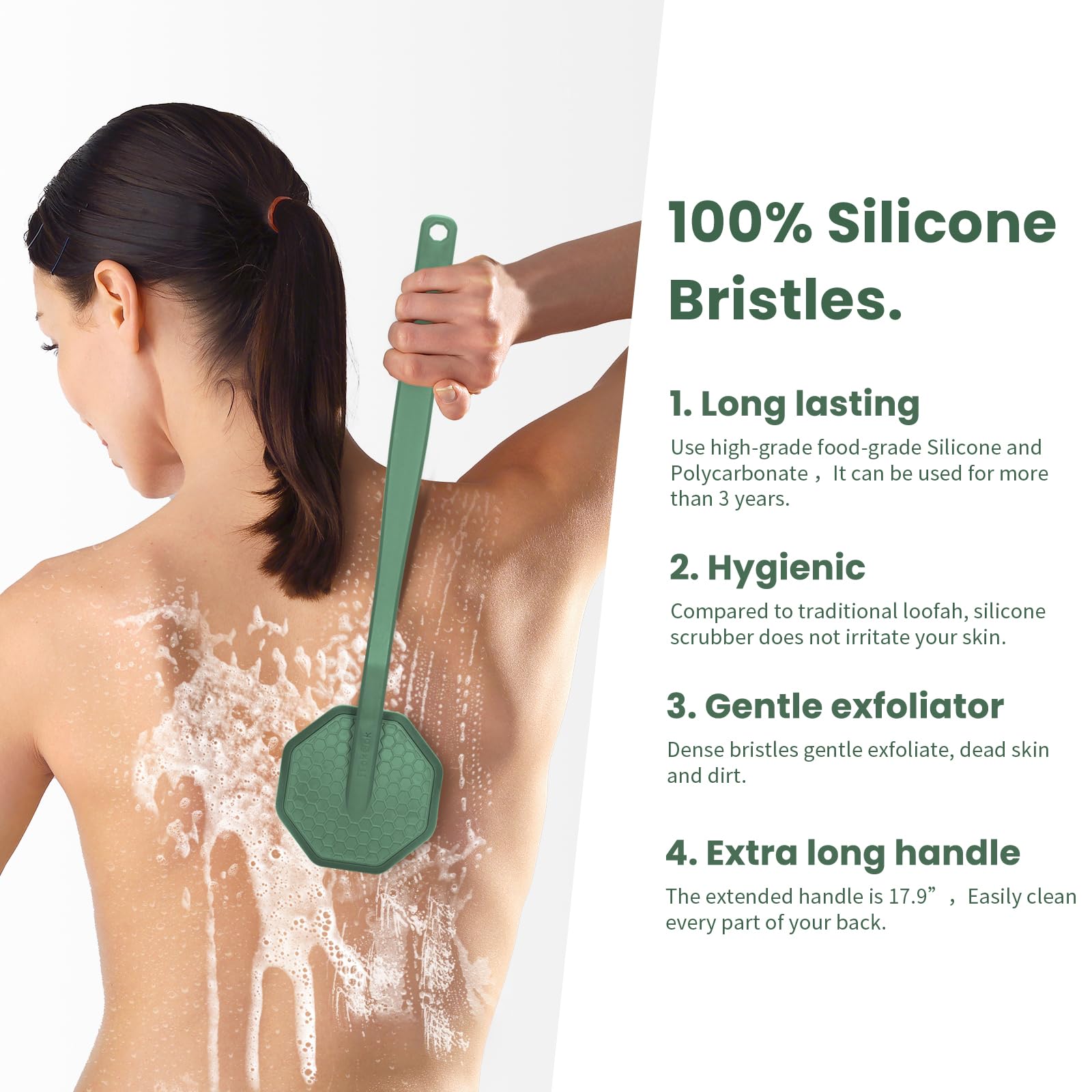 iTokGoK® Silver-Infused Silicone Back Scrubber with Long Handle Back Brush for Shower,Back Brush Long Handle for Men and Women,Ergonomic No-Slip Handle, Long-Lasting (Midnight Green)