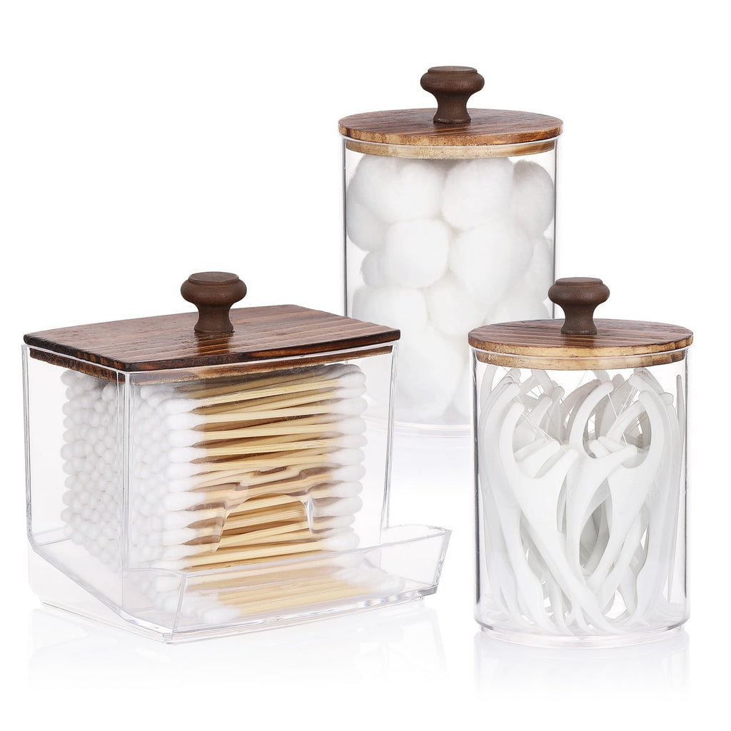 Tbestmax Qtips Holder Bathroom Container, 10oz Big Qtips Dispenser Cotton Ball Holder, Clear Plastic Apothecary Jar Organizer for Storage Cotton Swab, Round Pads, Floss Picks