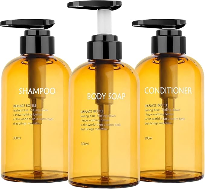 3pcs Refillable Shampoo and Conditioner Bottles, 10oz/300ml Shampoo Conditioner Body Wash Dispenser for Hotel Bathroom, 3pcs Plastic Shampoo Bottles with Pump (Amber)