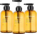3pcs Refillable Shampoo and Conditioner Bottles, 10oz/300ml Shampoo Conditioner Body Wash Dispenser for Hotel Bathroom, 3pcs Plastic Shampoo Bottles with Pump (Amber)