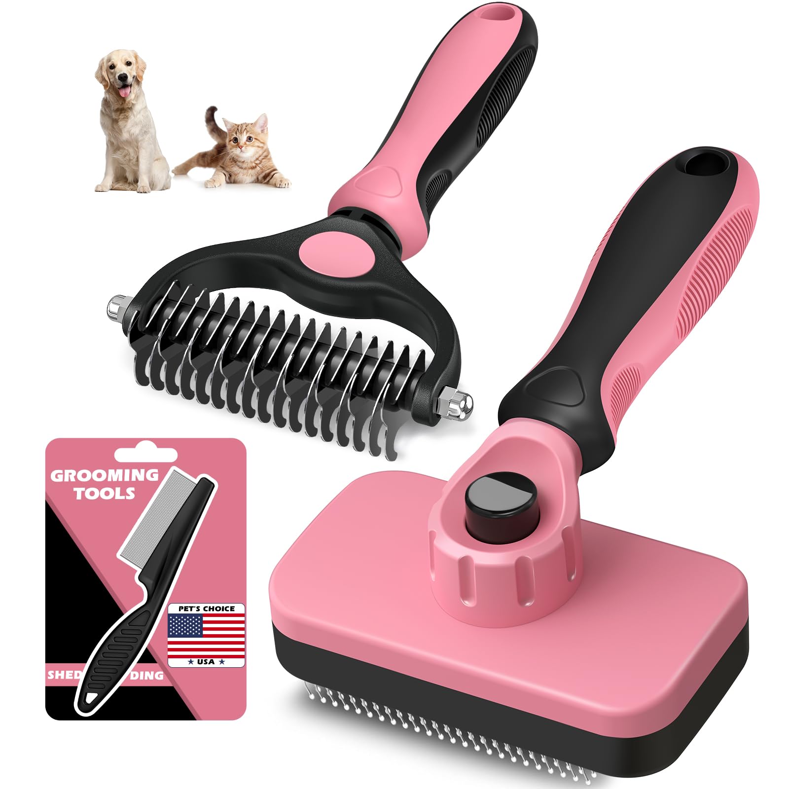 Professional 3PCS Self Cleaning Slicker Brush & Pet Grooming Rake & Flea Comb for Dogs,Cats and Horses | Double-Sided Dematting Comb & Skin Friendly Deshedding Grooming Tool (Light Pink)