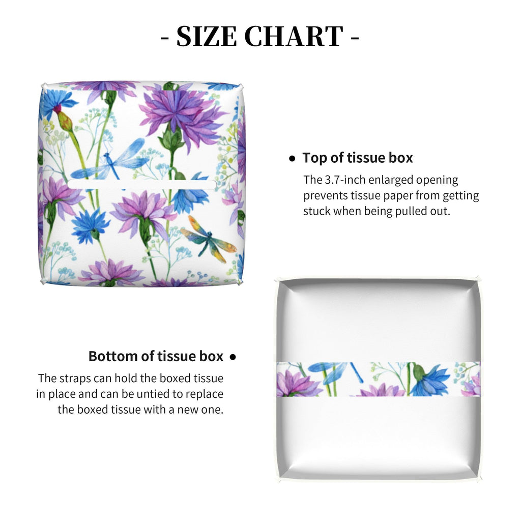 Watercolor Flowers and Dragonflies Tissue Box Cover Square,Purple Blue Floral Tissue Box Holder Waterproof Leather Facial Paper Organizer Dispenser for Bathroom Home Car Nightstand Vanity Desk