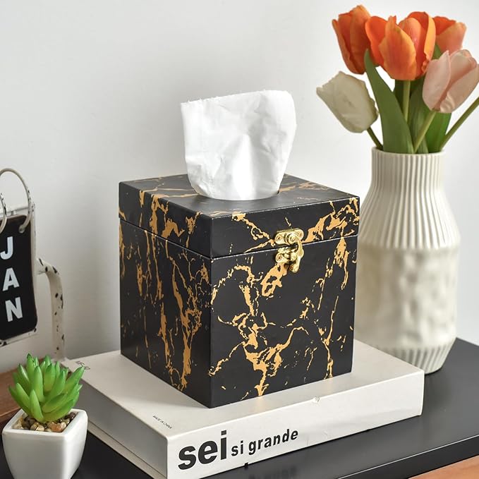 UPPER DECOR Black and Gold Marble Tissue Box Cover for Kleenex Box, Modern Elegant Tissue Box Holder with Lock for Bathroom, Bedroom, and Living Room, Square Shape Toilet Tissue Holder Organizer