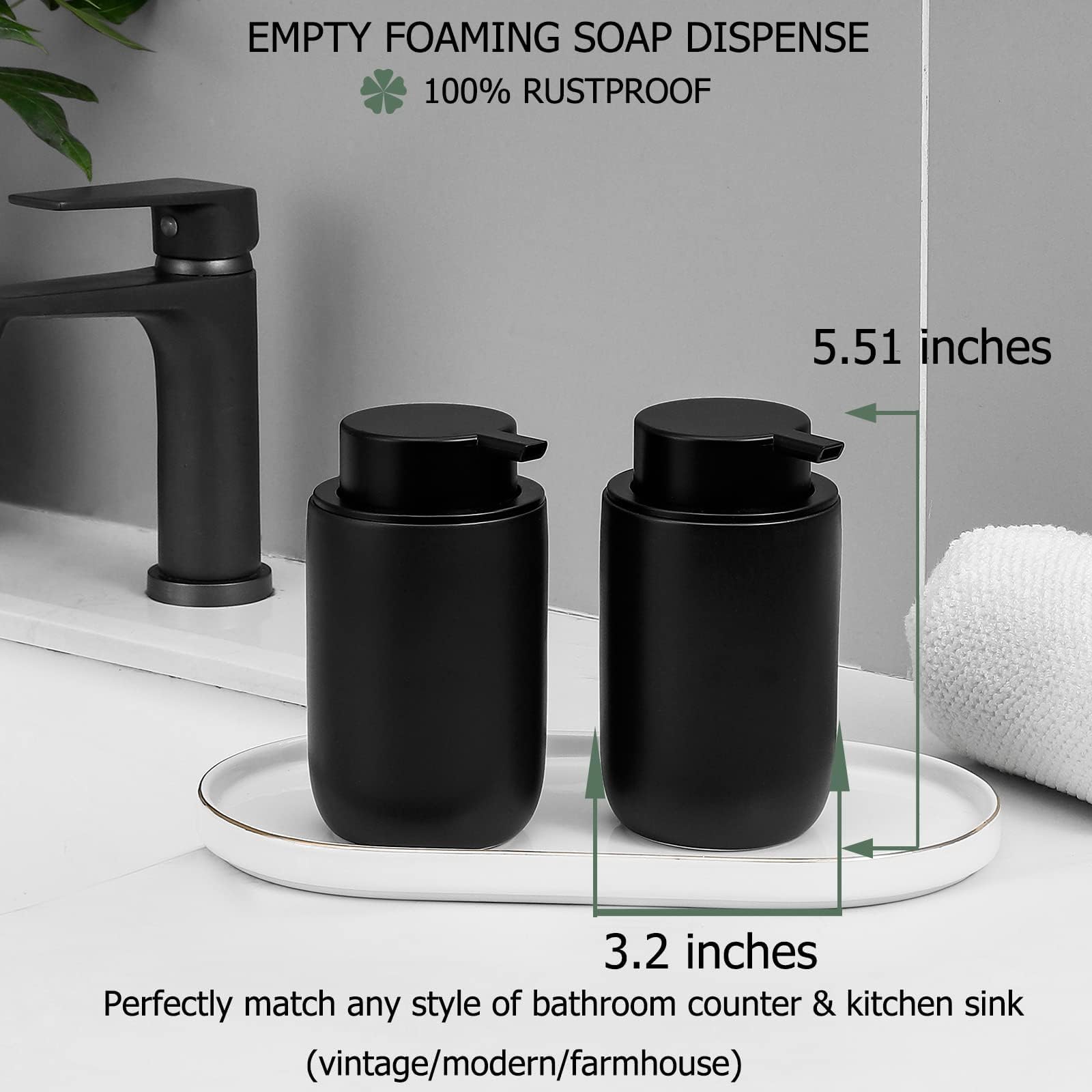 Foaming Soap Dispenser, Thick Ceramic Pump Bottles, Black
