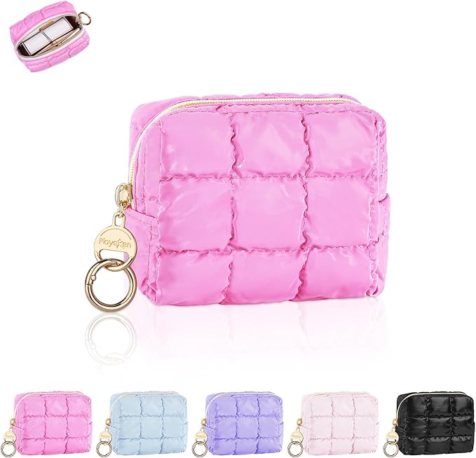 Playexen Puffy Mini Makeup Bag, Cute Quilted Small Cosmetic Bag for Purse, Portable Travel Makeup Pouch for Lipsticks, Chapsticks, Earphone, Credit Card, Birthday/Wedding/Christmas Gifts (Rose Red)