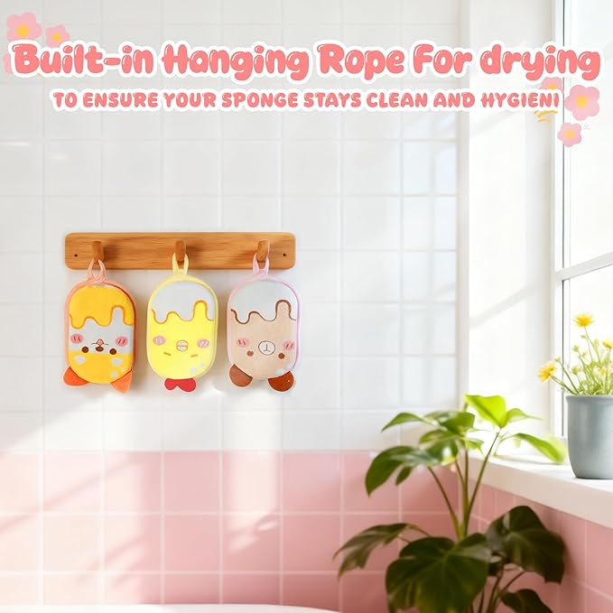 Baby and Kids Bath Loofah Sponge, Soft and Absorbent Toddler Exfoliating Body Scrubber Shower Loofa Sponge,Cute Pattern Design for Kids Baby Women Boys and Girl, 3 Pack (Bear/Dog/Chick)
