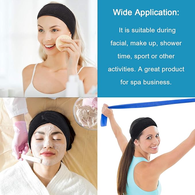 Whaline Spa Headband 4 Pcs Black Makeup Hair Band Facial Head Wrap Hair Tie