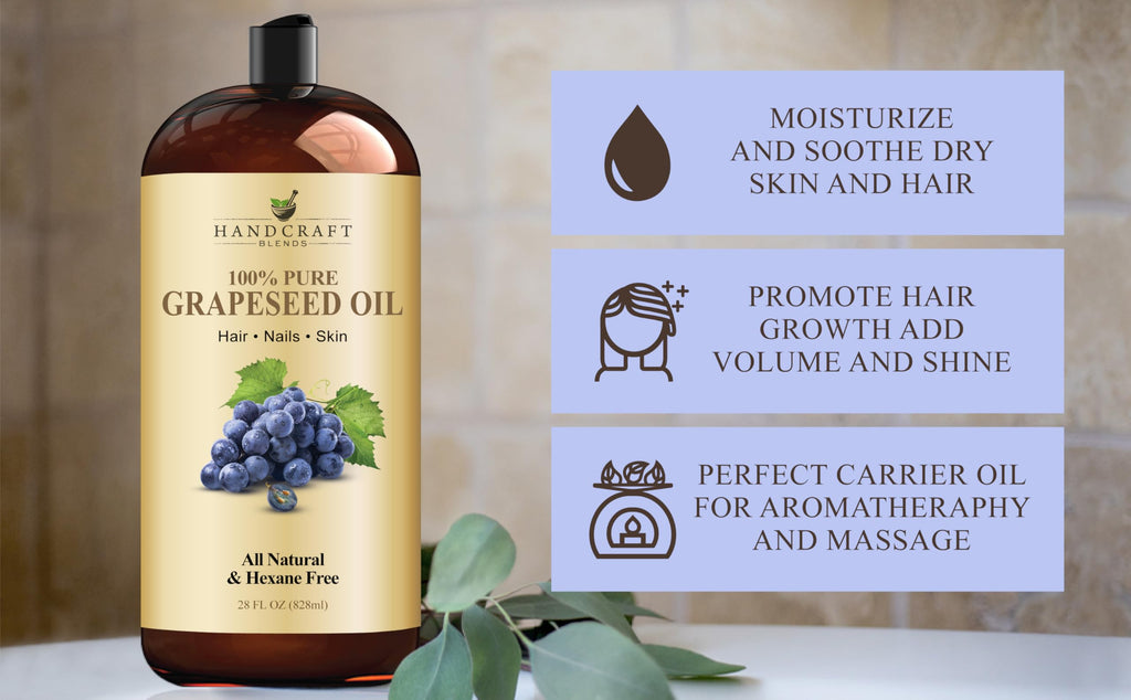 Handcraft Blends Grapeseed Oil | 100% Pure and Natural | Bath & Body Oil | Premium Grade Carrier Oil | Skin | Hair | Body | Massage | Cold-Pressed | Hexane-Free | 28 Fl Oz