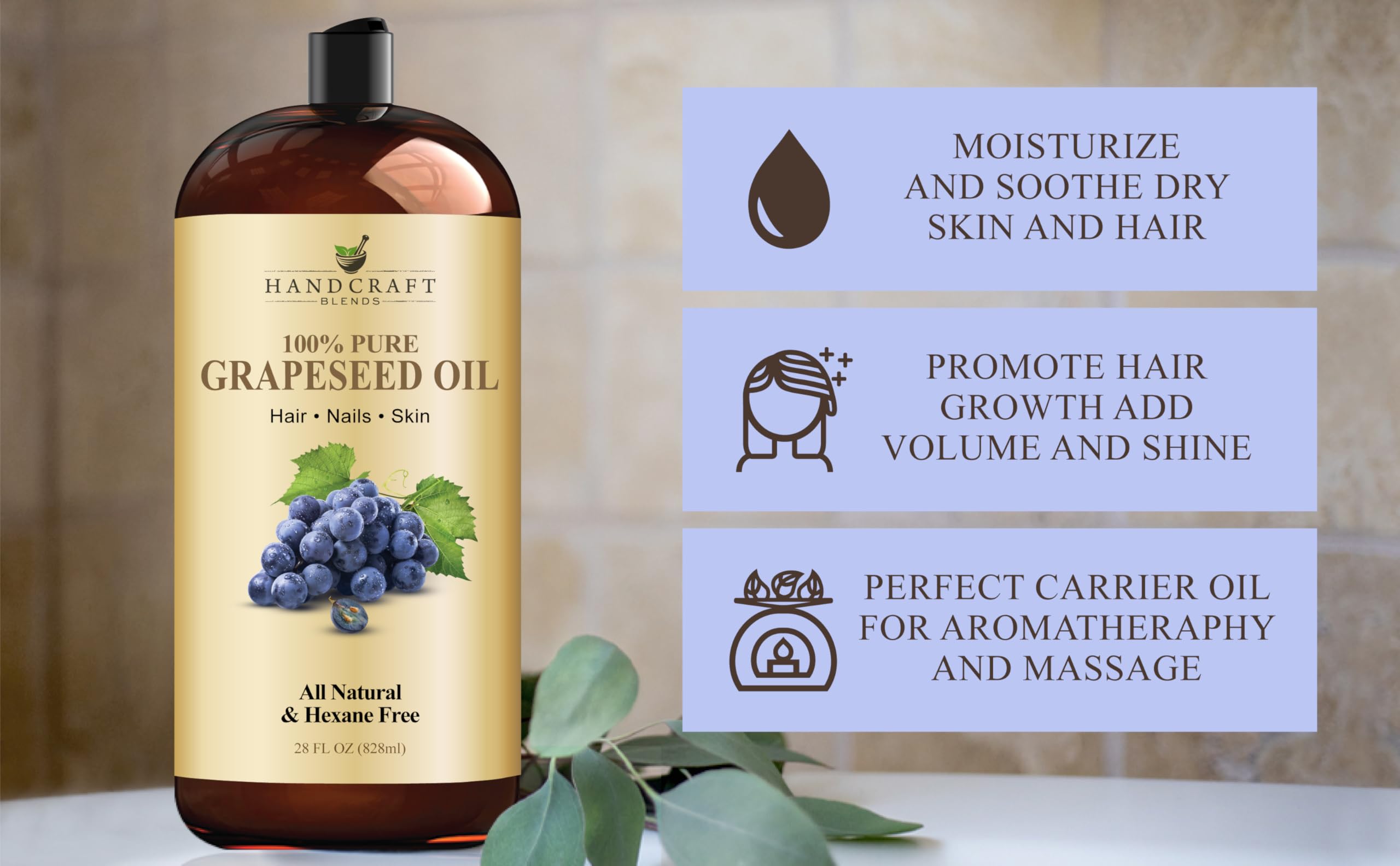 Handcraft Blends Grapeseed Oil | 100% Pure and Natural | Bath & Body Oil | Premium Grade Carrier Oil | Skin | Hair | Body | Massage | Cold-Pressed | Hexane-Free | 28 Fl Oz