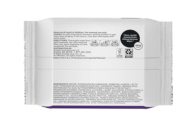 Amazon Basics Makeup Remover Wipes, Gentle Cleansing, Dermatologist Tested, Night Calming, Plant Based, Alcohol-Free, Removes Waterproof Mascara, pH Balanced, 25-Count, 6-Pack
