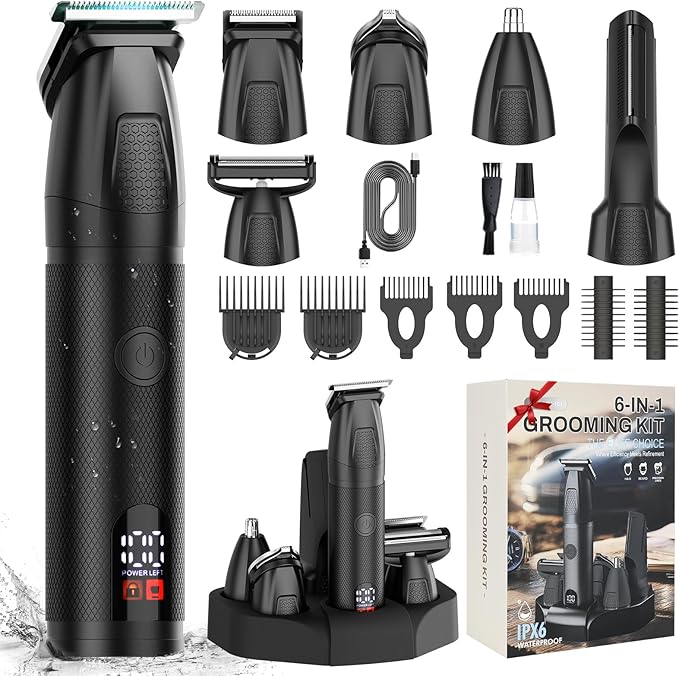 Beard Trimmer for Men 6 in 1 Cordless Waterproof Electric Hair Clippers Mustache Body Face Trimmer All in One Grooming Kit with LED Display USB Rechargeable