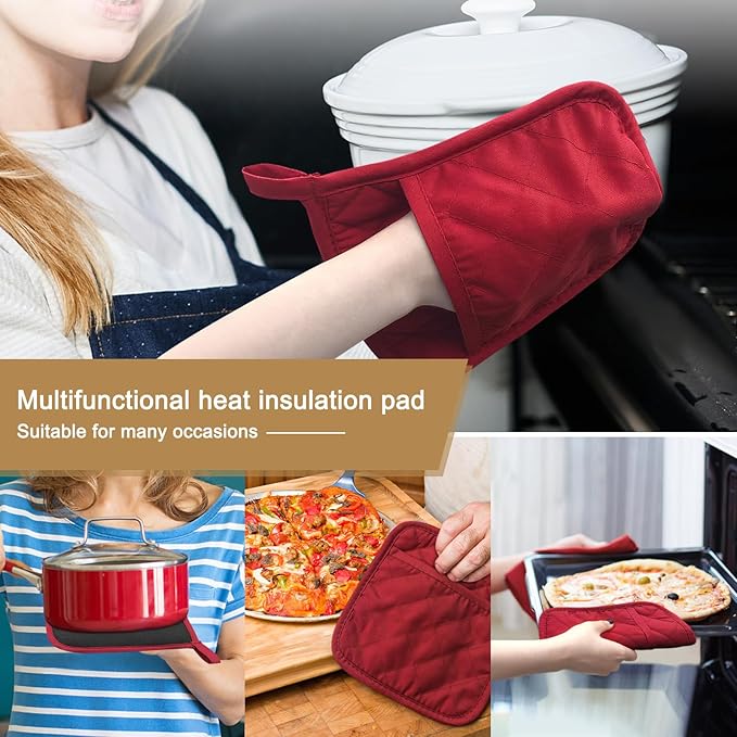 YEKOO 2Pcs Cotton and Neoprene Oven Pads Pot Holders with Pocket 8"x8.5" Dual-Function Hot Pad Set for Finger Hand Wrist Protection Heat Resistant to 428°F,Red