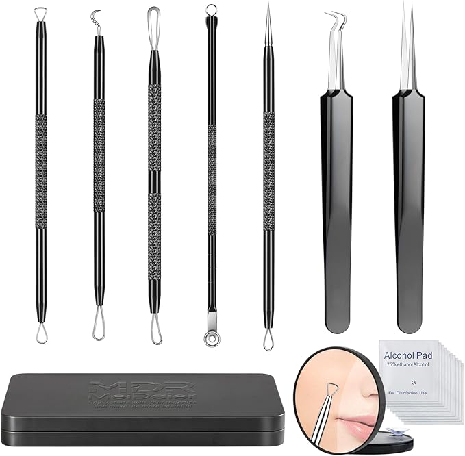 Meidaier 7Pcs Blackhead Remover Kit, Stainless Steel Acne Comedone Extractor with 10X Magnifying Glass & 20 75% Alcohol Pads, Pimple Whitehead Blemish Removal, Anti-Slip Handle & Storage Box