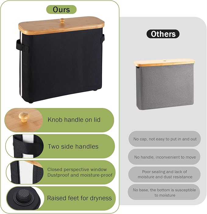 VVTHIP Bathroom Toilet Paper Storage Basket with Lid and Handle， Bamboo Collapsible Toilet Paper Holder Storage with Non-Slip Bottom,Extra Toilet Roll Storage, Black