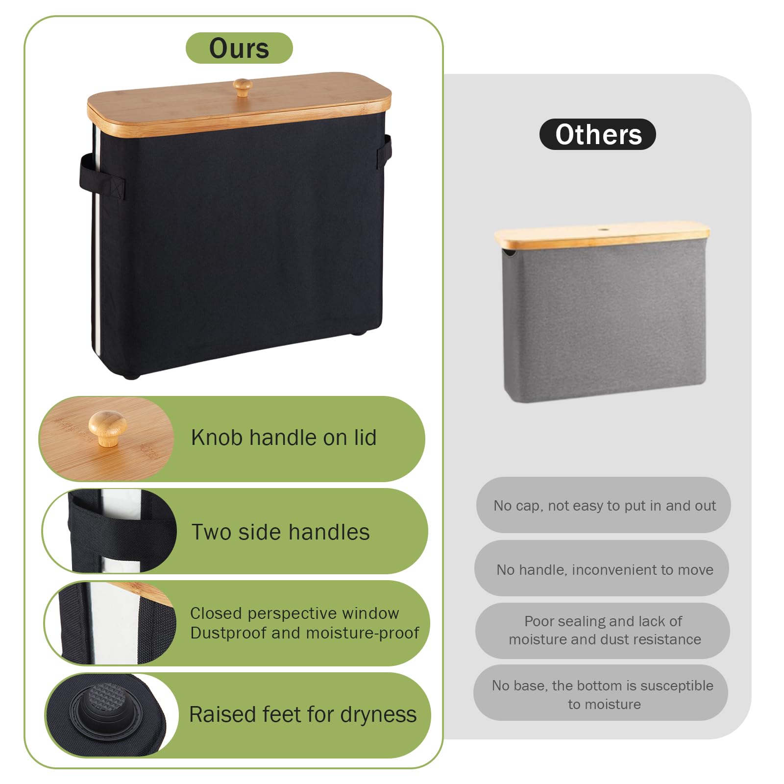 VVTHIP Bathroom Toilet Paper Storage Basket with Lid and Handle， Bamboo Collapsible Toilet Paper Holder Storage with Non-Slip Bottom,Extra Toilet Roll Storage, Black
