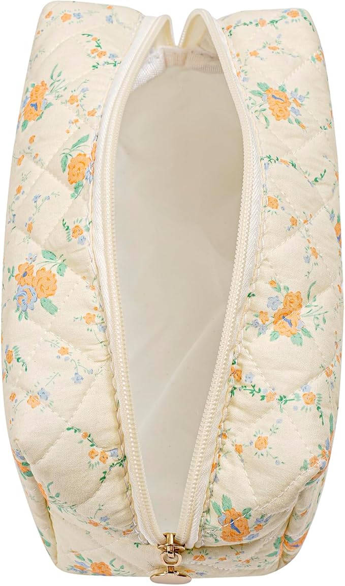 HHQQWZ Makeup Bag Travel Cosmetic Bag for Women Girls, Zipper Make Up Pouch, Floral Flowers Toiletry Organizer Makeup, Portable Storage Bag, Cosmetic Travel Cloth Bag (Yellow Orange Flower)