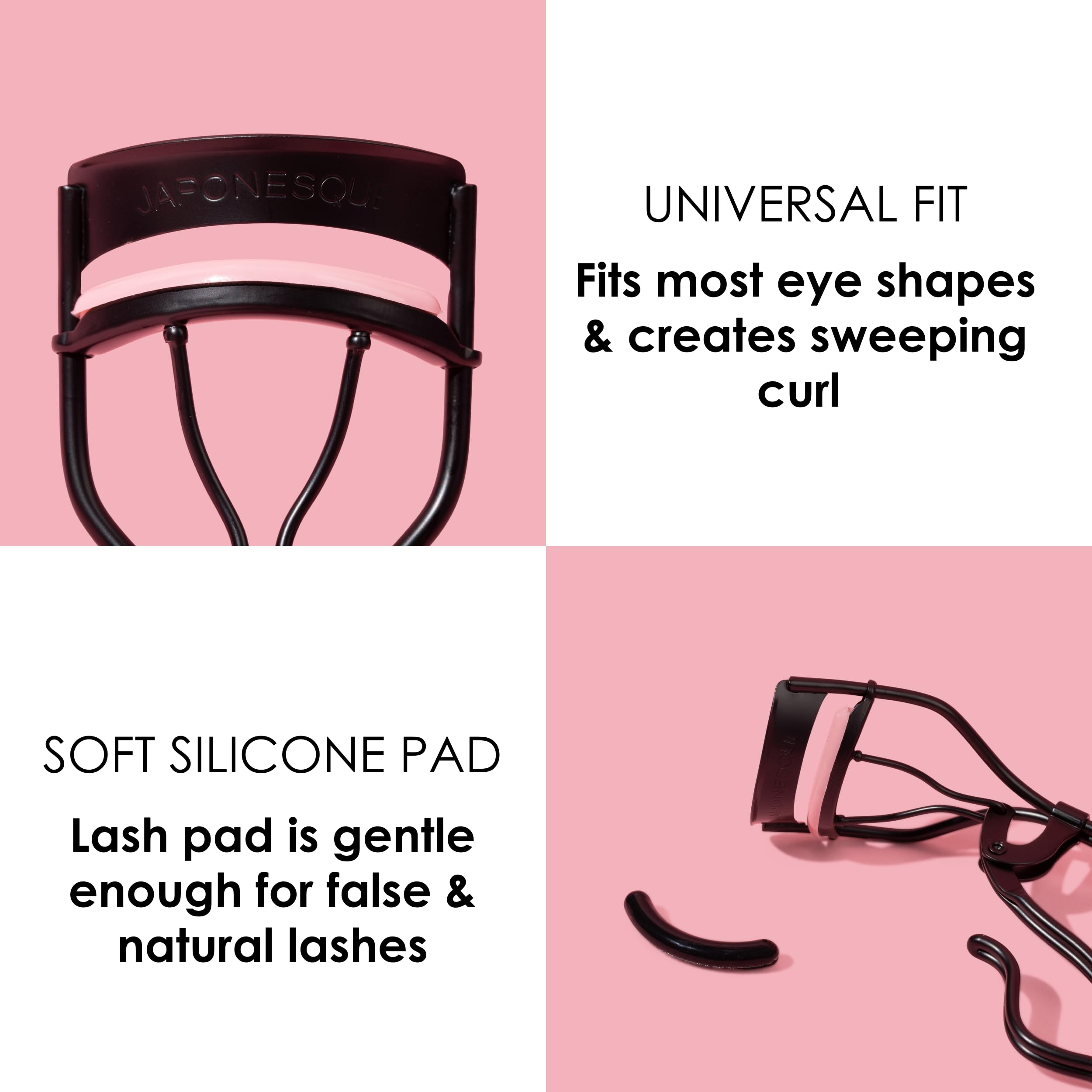 JAPONESQUE Professional Volumizing Lash Curler for Natural & False Lashes on Most Eye Shapes and Large Eyes, 1 Refill Pad, Holds Curl up to 8 Hours