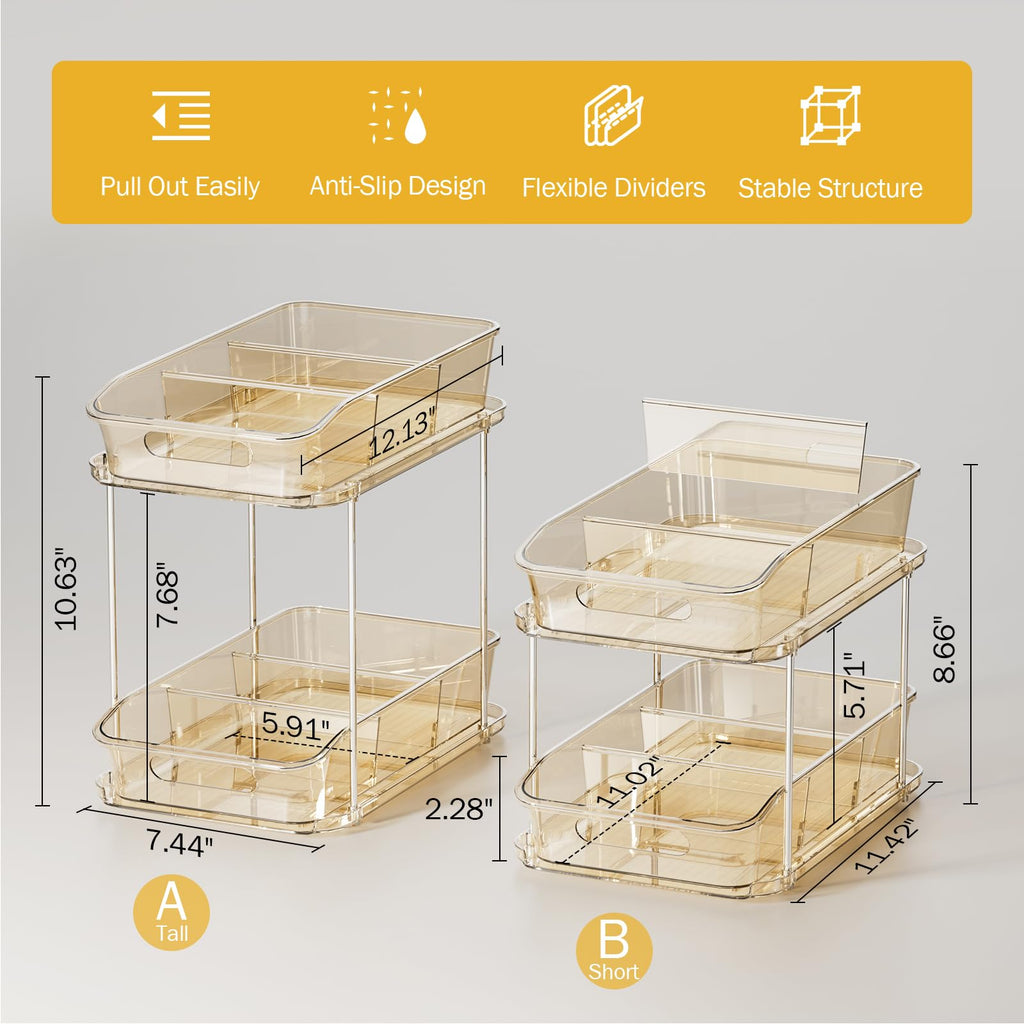Delamu 2-Tier Under Sink Organizers and Storage, Multi-Purpose Stackable Bathroom Cabinet organizers, Pull Out Kitchen Pantry Organization and Storage with Dividers(2 Pack, Amber)