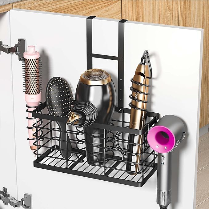 Hair Tool Organizer, 3-in-1 Universal Hair Dryer Holder, Adjustable Height Metal Blow Dryer Holder Wall Mounted/Over Cabinet Door/Free-Standing, 12.2 * 5 * 6.1" (XL Black)