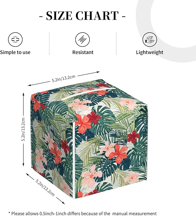 Palm Leaves and Flowers Tissue Box Cover Square,Tropical Plants and Floral Tissue Box Holder Waterproof Leather Facial Paper Organizer Dispenser for Bathroom Home Car Nightstand Vanity Desk