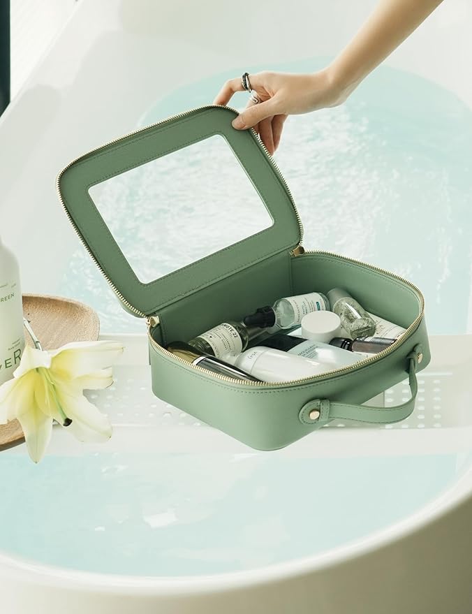 Popvibe Clear Makeup Bag Travel Cosmetic Case Transparent Toiletry Bag with Zipper, Portable Make Up Organizer Traveling Compact Car Bag for Essentials, Sage Green, Medium and Large