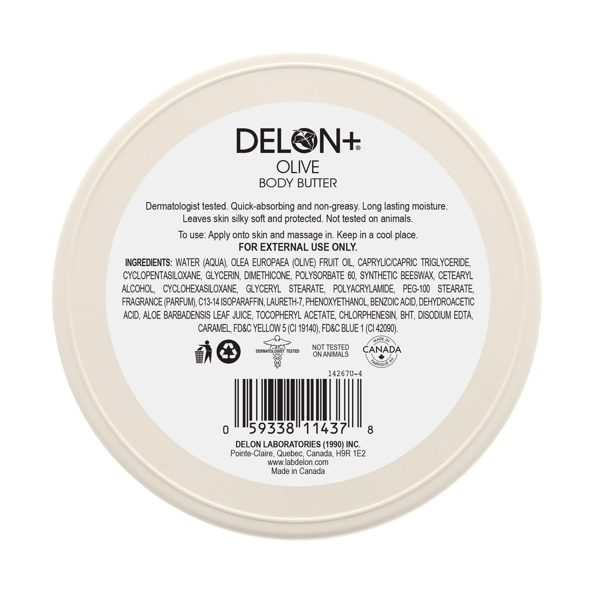 DELON Intense Moisturizing Body Butter, Olive with Olive Oil & Vitamin E, 6.9 oz