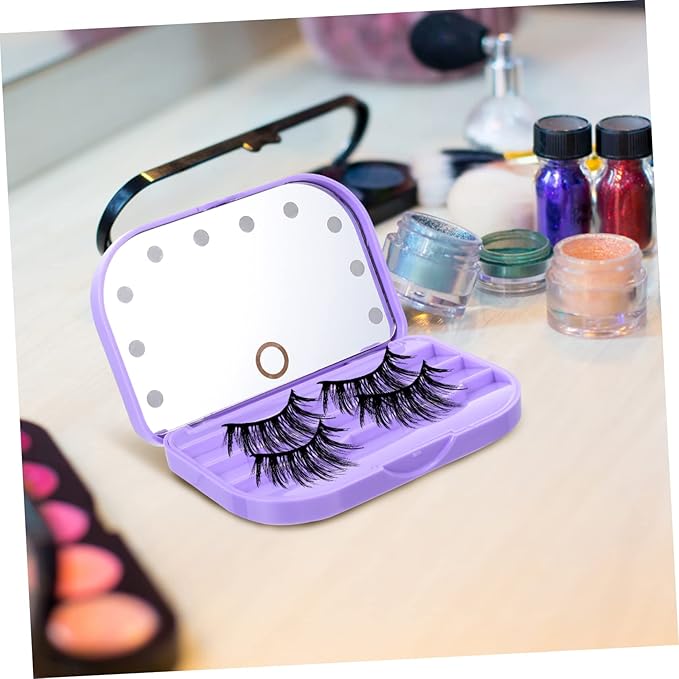 Beavorty Portable LED Lash Tray Eyelash Storage Case with Mirror Lightweight False Eyelash Holder for Travel and Professional Use Compact Purple Box Organizer