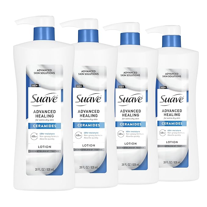 Suave Advanced Healing Hand & Body Lotion for Women, With Ceramides for Very Dry Skin, Hydrating, Non-Greasy Feel, Allergen-Free Moisturizing Cream, Lightly Scented, 28 fl oz Pump, 4 Pack