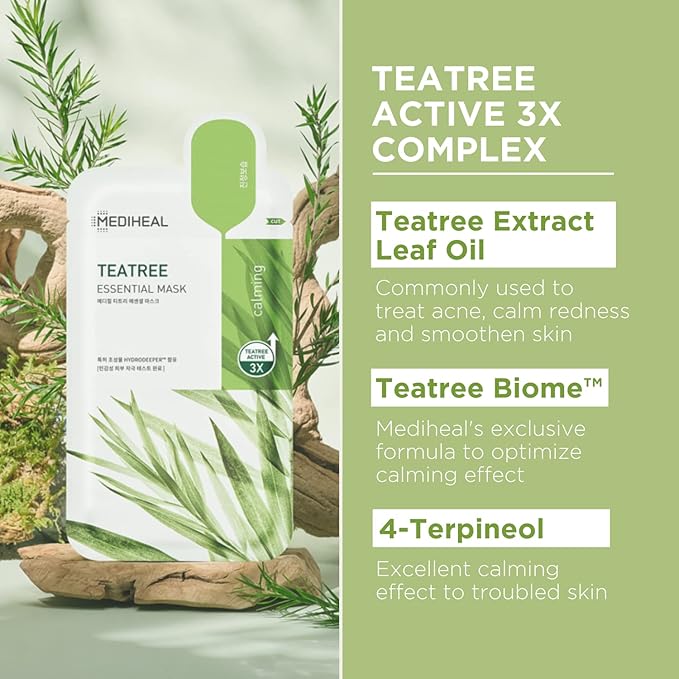 Mediheal Official Best Korean Sheet Mask - Tea Tree Essential Face Mask 4 Sheets Skin Soothing Treat Blemishes Sebum Control For All Skin Types (Pack of 2)