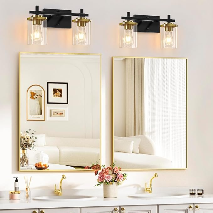 2-Lights Black and Gold Bathroom Light Over Mirror with Square Glass Shade and Metal Base, Gold Wall Vanity Lights for Bedroom, Stairs, Living Room, Hallway