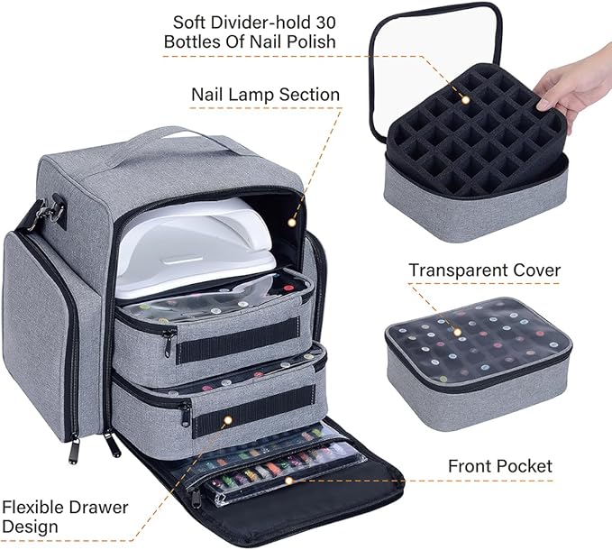 UOZL Nail Polish Organizer Case Hold 60 Bottles with 2 Detachable Bag,Grey