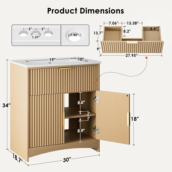 Amada 30'' Bathroom Vanity with Ceramic Sink, Modern Undermount Vanity Sink Cabinet with 2 Doors and 1 Drawer, Fluted Free Standing Bathroom Storage Cabinet with Sink Combo Set, Natural Oak