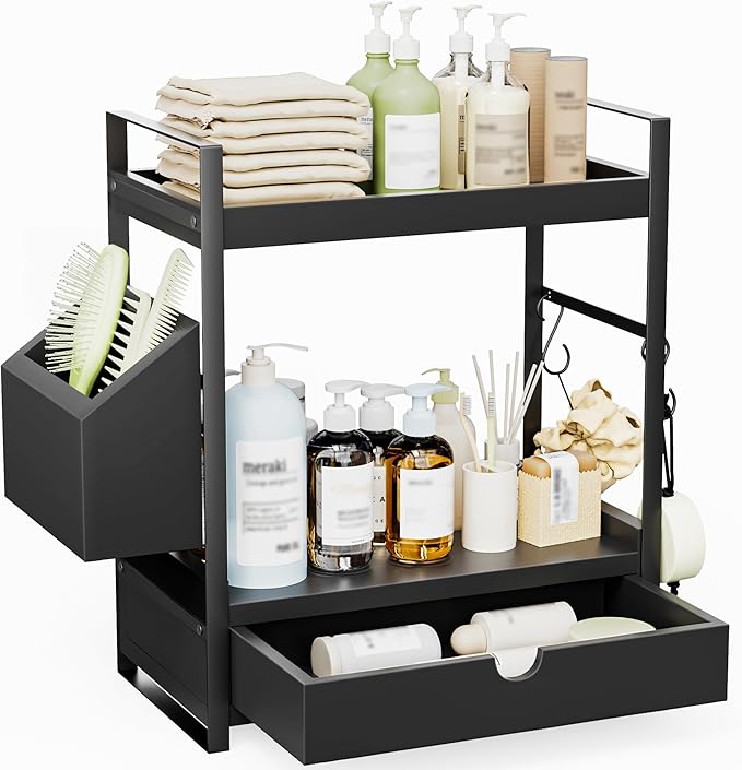 2-Tier Bathroom Counter Organizer, Acacia Wood Vanity Shelf with Drawer