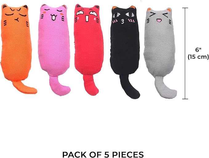 Vila Plush Cat Chews with Catnip, Feline Mood Enhancer, Oral Care Assistant, Gum Massager, Exercise and Entertainment Treat, Cotton Fabric, Orange, Red, Gray, Pink, Black, 5 Pcs per Pack