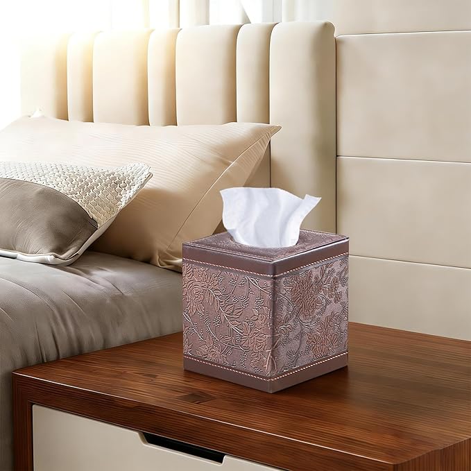 Leather Tissue Box Cover Square,Upgrade 99% Compatible Large Size,Cube Tissue Box Holder for Napkin Facial Paper,Dryer Sheet Dispenser Organizer for Bathroom Vanity Countertop,Night Stand