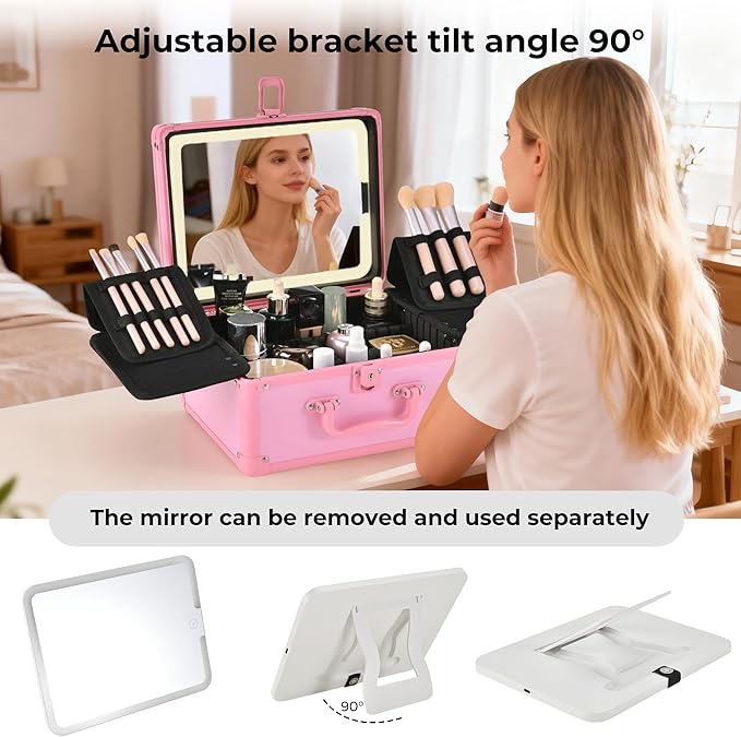 GALHUBIS Makeup Case with Lighted Mirror, Makeup Box Organizer with Detachable LED Mirror, Travel Makeup Train Case, Waterproof Cosmetic Organizer, Standing Brush Holder, Gift, Pink