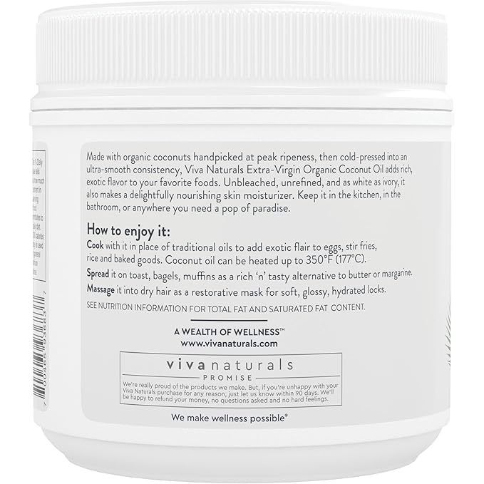 Viva Naturals Organic Coconut Oil - Unrefined and Cold-Pressed, Natural Hair Oil, Skin Oil and Cooking Oil with Fresh Flavor, Non-GMO Extra Virgin Coconut Oil (Aceite de Coco), USDA Organic, 32 Fl Oz (Pack of 1)