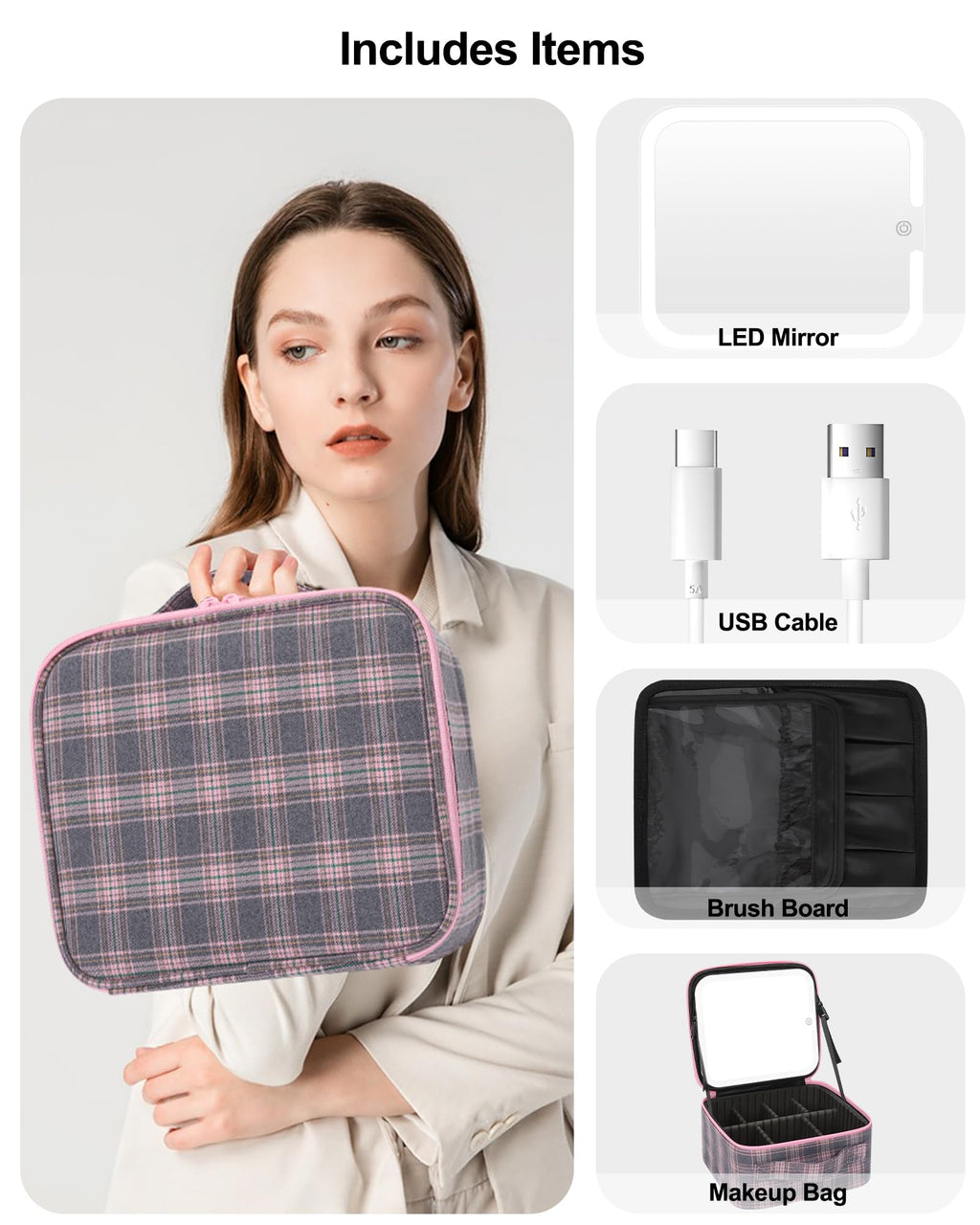 Relavel Travel Makeup Bag With LED Mirror, Portable Cosmetic Organizer Bag with Adjustable Brightness in 3 Color Scenarios, Small Train Case with Detachable Dividers for Trip- Grey Strip