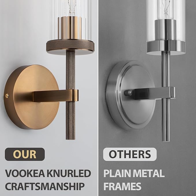 15" Knurled Bronze Hardwired Wall Sconces Set of 2, Bathroom Vanity Light Fixtures with Vertical Striped Glass Tube, Modern Lamp Lighting for Bedroom, Living Room, Hallway, Staircase, Mirror, Kitchen
