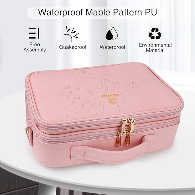 Relavel Makeup Bag Travel Makeup Train Case 13 inches Large Cosmetic Case Professional Portable Makeup Brush Holder Organizer and Storage with Adjustable Dividers and Shoulder Strap (Pink)