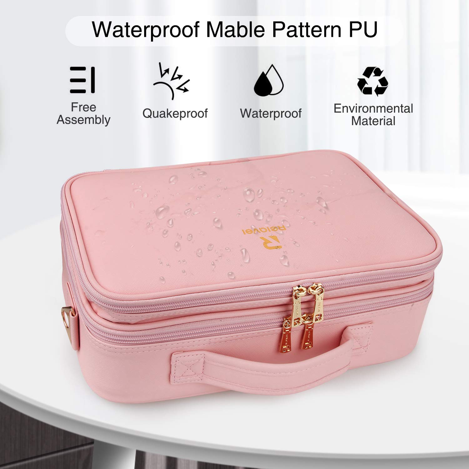 Relavel Makeup Bag Travel Makeup Train Case 13 inches Large Cosmetic Case Professional Portable Makeup Brush Holder Organizer and Storage with Adjustable Dividers and Shoulder Strap (Pink)