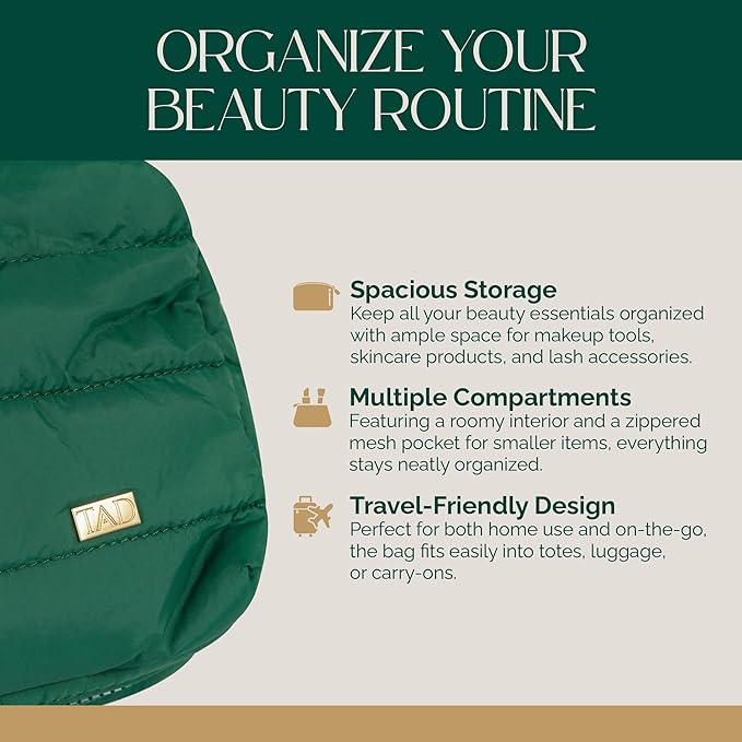 TAD Beauty - Makeup Bag Organizer - Puffy Travel Cosmetic Pouch - Large Capacity Toiletry Case - Makeup Bag with Zippered Mesh Pocket - Storage for Skincare & Beauty Essentials - Chic Green Aesthetic