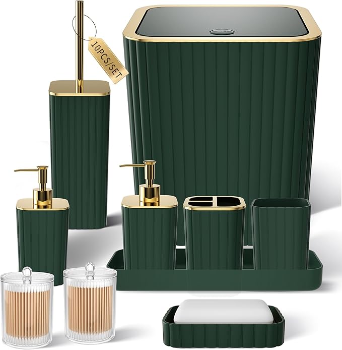 XLHOMO Bathroom Accessory Set - 25PC Green Bathroom Sets, Bathroom Set with Shower Curtain and Rugs, Dark Green Shower Curtain Set, Trash Can, Qtip Holder & Soap Dispenser