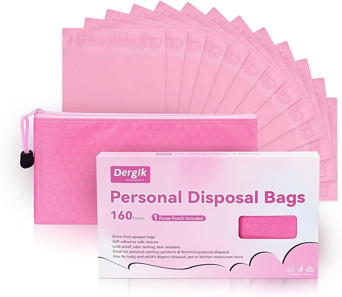 Sanitary Napkin Individual Disposal Bags, 160 Pcs Opaque Personal Care Disposable Bag, Secure Closure, Odor Control, for Pads, Tampons, Women Period Small Trash Bag,With Purse Pouch, Pink