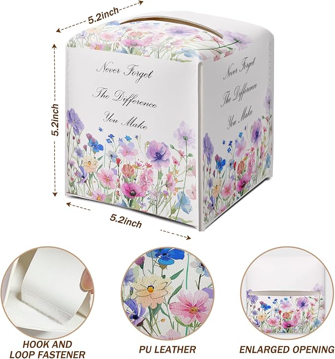 Vintage Floral Purple Tissue Box Cover Square with Bottom Belt, Wildflowers Leather Waterproof Tissue Holder Facial Paper Case for Tabletop Home Office Bathroom Car Decor -09