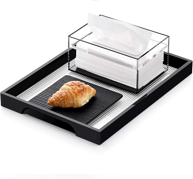 SANRUI Clear Acrylic Facial Tissue Box Cover Holder with 8mm Top Lid Rectangle Napkin Dispenser Organizer for Bathroom, Kitchen and Office Desk,Black&Clear